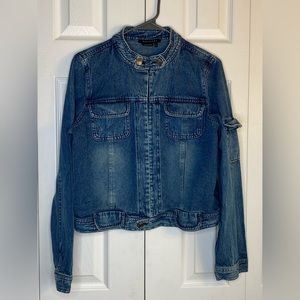 Women's Parallel Jean Jacket Cropped Medium Wash Blue Denim Pockets Sz Med